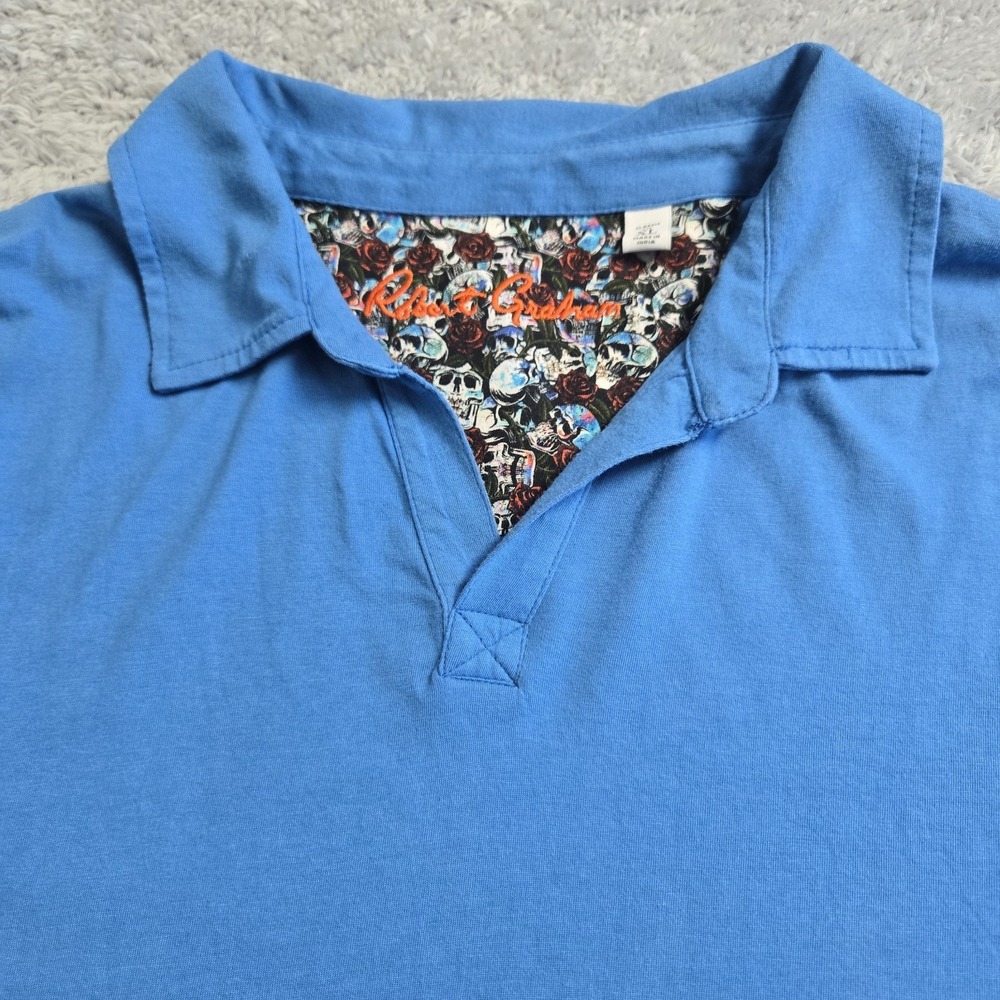 Robert Graham Mens XL Blue Skull Rose Floral Trim V-Neck Polo Shirt Classic Fit